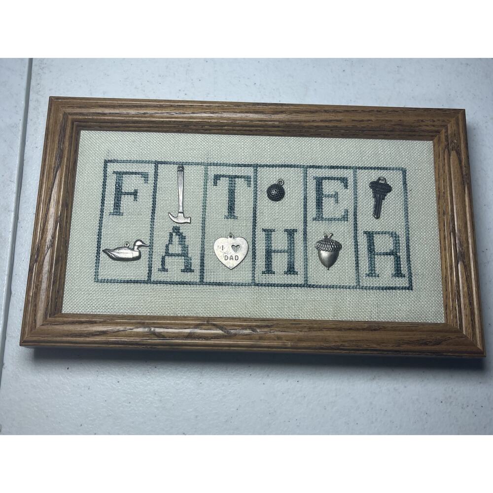 Father Cross Stitch Decorative Metal Framed Cottage Core 10.5x6” Picture